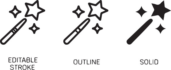 AI magic wand icon set. Generate symbol and Artificial intelligence sign. Line and silhouette icon. Icons for app user interface and web elements. Vector illustration. Editable stroke. © MstHazara