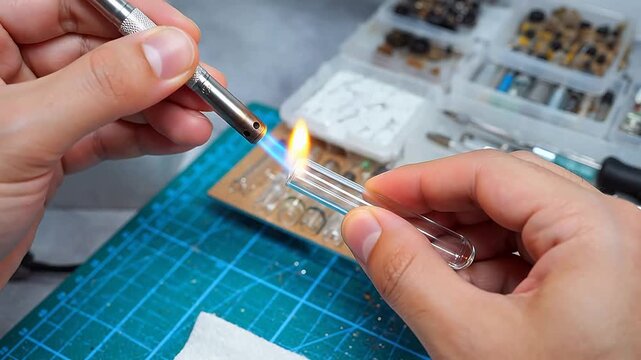 Person heating glass tube with torch