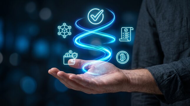 Man holding glowing blockchain technology symbols in hand