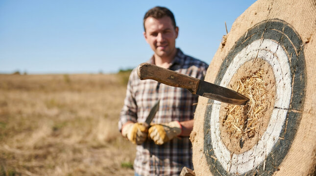 Man holding throwing knife with target in outdoor field, demonstrating archery or target practice. Concept of precision, skill development, or outdoor training for marketing and lifestyle content.
