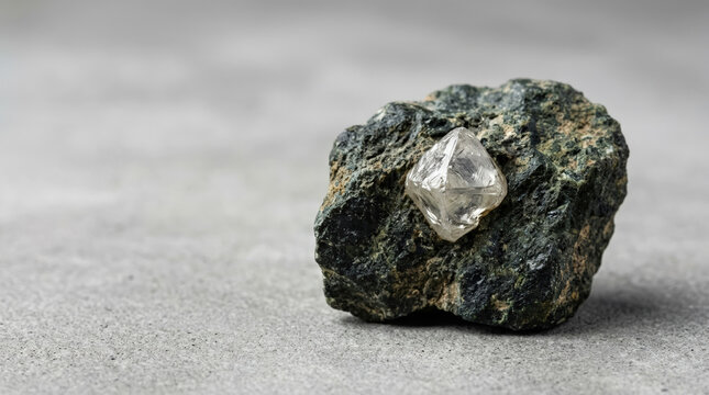 Rough diamond embedded in dark kimberlite rock, natural gemstone mining concept. Useful for geological studies, jewelry design inspiration, or educational materials on mineralogy.