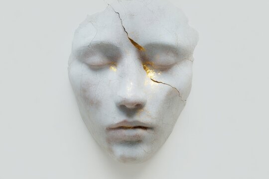 Cracked plaster healer face with golden seams and delicate damage for surreal background and art poster design