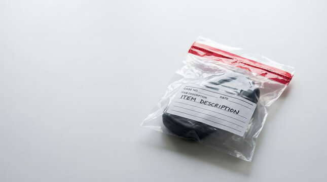 Police evidence bag with item, forensic evidence collection, crime scene investigation. Useful for law enforcement, forensic science, or crime documentary.