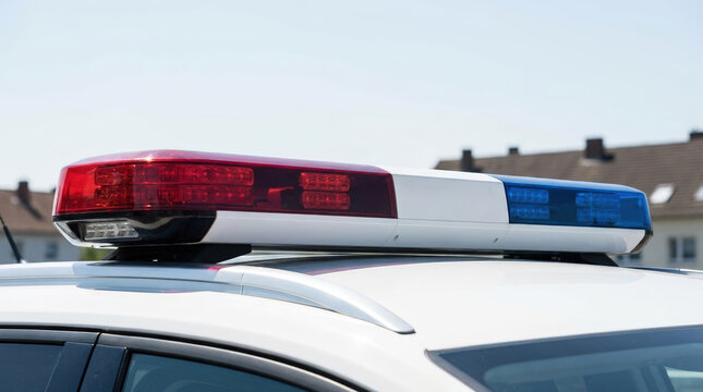 Police car roof light bar with red and blue lights on, emergency vehicle equipment. for advertising social media banner website marketing and commercial editorial use