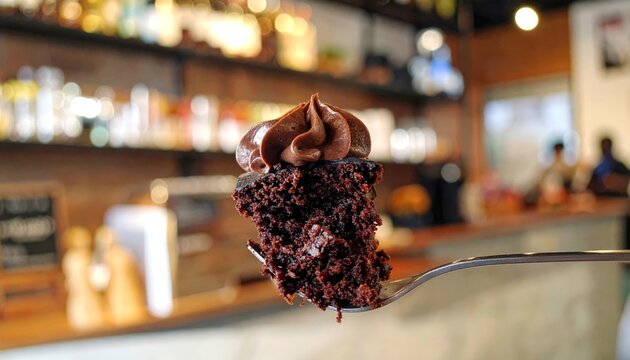 A tempting slice of rich devil's food cake with chocolate frosting held on a fork, ready for indulgence