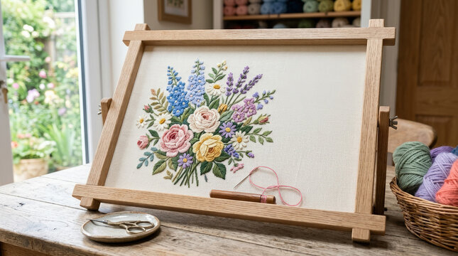 Handcrafted needlepoint canvas featuring vibrant flowers in wooden frame. Detailed floral embroidery with lavender, roses, and greenery. Perfect for home decor, crafting inspiration,