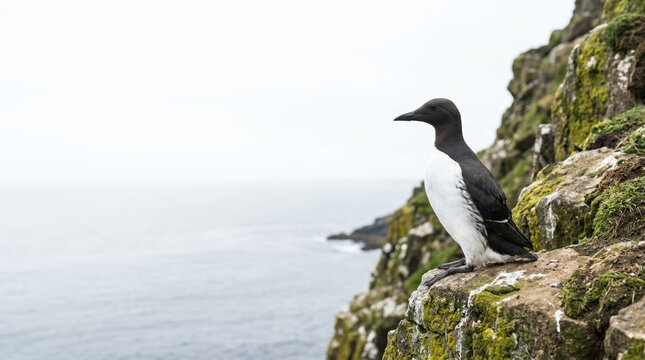 Common murre (Uria aalge) perched on rocky coastal cliff overlooking ocean waves. Wildlife scene ideal for nature photography, conservation themes, or coastal landscape projects.