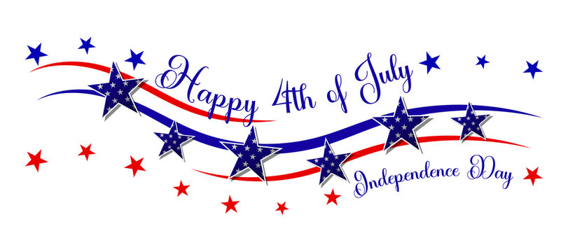 Patriotic Happy 4th of July banner with stars, red and blue ribbons, and festive typography. Independence Day celebration design in classic American style.