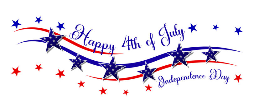Patriotic Happy 4th of July banner with stars, red and blue ribbons, and festive typography. Independence Day celebration design in classic American style vector illustration.