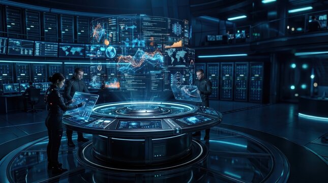 Futuristic ai command center with holographic displays and team of professionals analyzing data in a high tech room