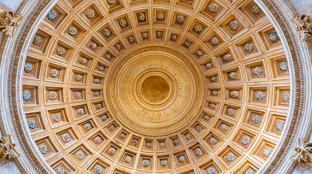 Ornate golden dome ceiling with intricate patterns and symmetrical details. Emphasizing classical architecture, luxury, and grandeur