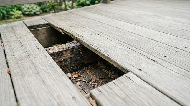 Weathered wooden deck with missing rotten plank outdoors for advertising social media banner website marketing and commercial editorial use