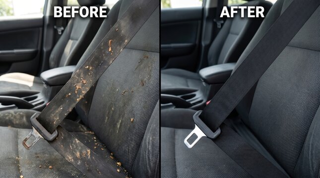 Before and after comparison of cleaned car seat and seatbelt showing removed dirt and restored fabric