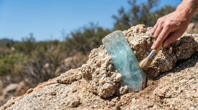 Person holding blue beryl crystal in rocky outdoor environment, natural mineral exploration for advertising social media banner website marketing and commercial editorial use