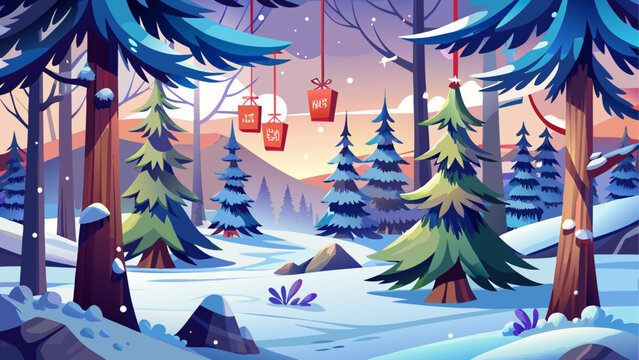 Pixel art winter forest with red lanterns