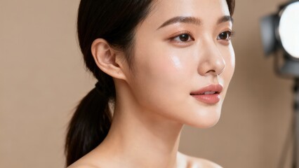 Fototapeta premium Radiant asian woman showcasing glowing skin and natural makeup in a professional studio portrait.