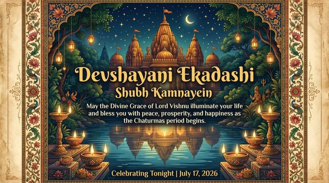 Elegant Devshayani Ekadashi silhouette banner featuring moonlit temple skyline and glowing sacred lamps with sophisticated English greeting typography beautifully displayed tonight
