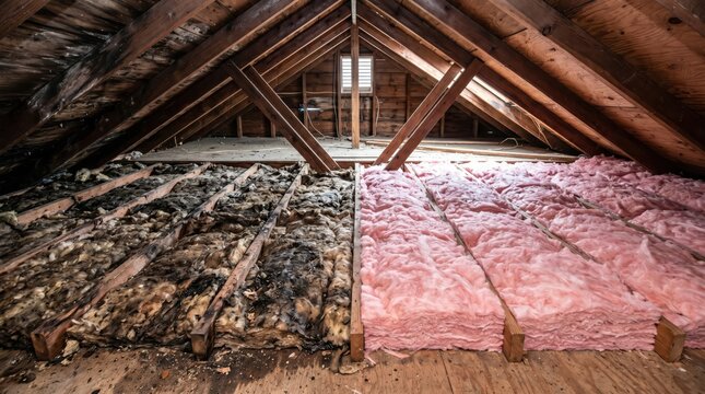 Attic interior with contrast between degraded dark insulation and fresh pink fiberglass batting under wooden roof rafters