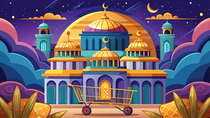 Colorful mosque, shopping cart, gold domes, purple night sky, illustration © sumona