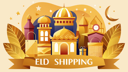 Fototapeta premium Eid Mubarak shipping, Islamic holiday delivery, gold mosque icons, festive Ramadan celebration