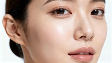 Obraz premium Close-up of an asian woman with glowing skin and natural makeup in a fresh beauty skincare portrait.
