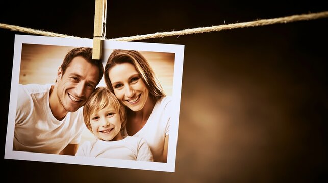 Smiling family portrait hanging on a string with a wooden clothespin, representing happiness and cherished memories