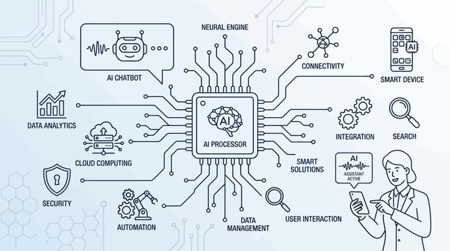 Businesswoman uses a smart device to interact with a centralized artificial intelligence processor and complex network icons.