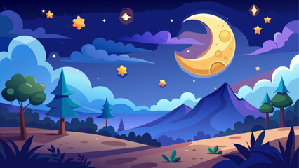 Pixel art night landscape with crescent moon © sumona