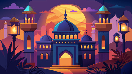 Islamic Architecture, Mosque Vector, Blue Domes, Lanterns, Desert Landscape © sumona