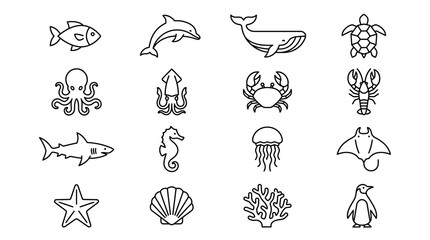 Fototapeta premium Marine life icons illustrate a diverse array of underwater creatures and oceanic species for educational biology projects.
