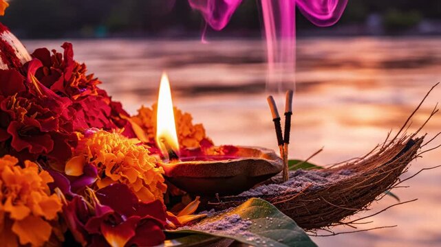 Serene ganga dussehra ritual offering with diya and incense floating on the sacred river at golden hour.
