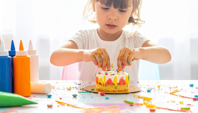 A young child's hands messily decorating a small personal cake with bright, colorful icing and sprinkles