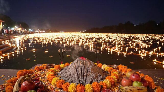 Spiritual ganga dussehra celebration with ritual offerings and thousands of floating lamps at night.