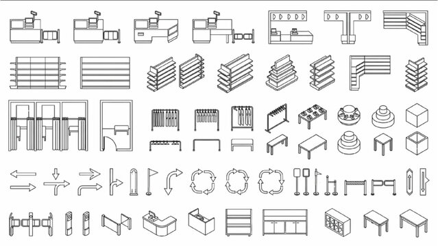 Retail Store CAD Blocks Top View Vector Set with Editable Line Art Elements for Layout and Customer Flow Planning