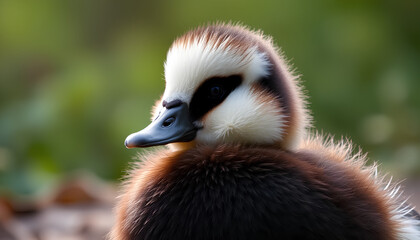 Fototapeta premium Duck–Panda Hybrid. A chubby duck–panda hybrid with round fluffy features, soft monochrome markings, gentle forest background, adorably whimsical and unique
