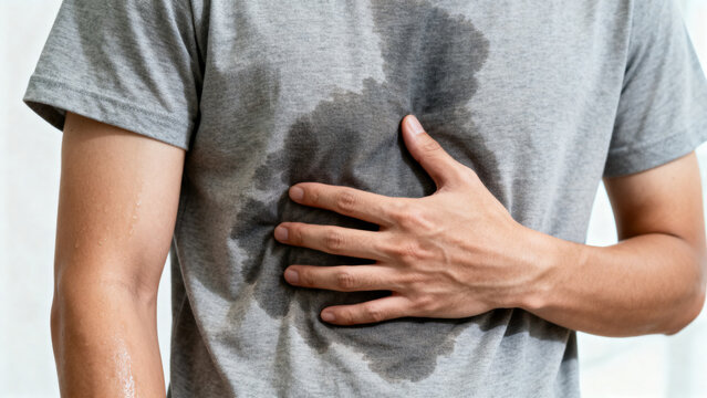 A person wearing a light gray shirt with visible sweat stains, concept of excessive sweating, hyperhidrosis, heat, stress and personal discomfort