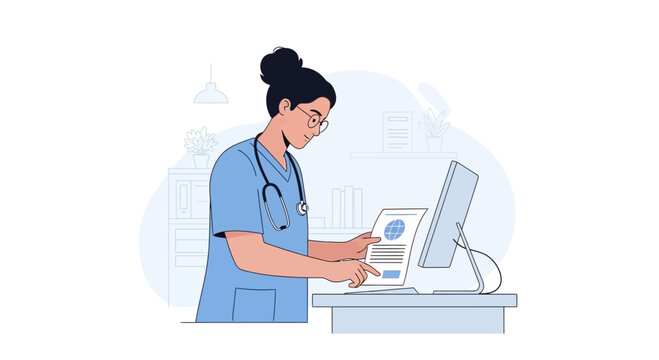 Nurse Examining Medical Document on Computer Screen