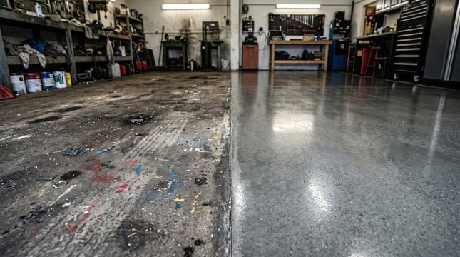 Workshop floor showing worn stained concrete transitioning to smooth sealed surface inside organized mechanic garage bay