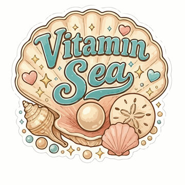 Vitamin sea typography design featuring a large seashell with a pearl and starfish in a soft pastel aesthetic sticker style