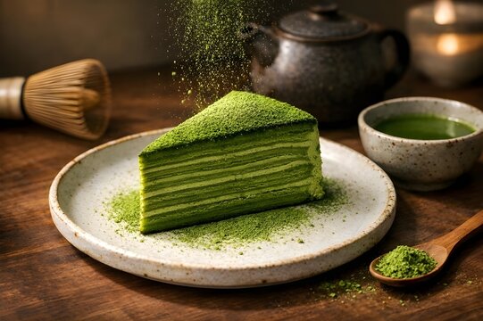 japanese matcha mille crepe cake dessert with premium green tea flavor