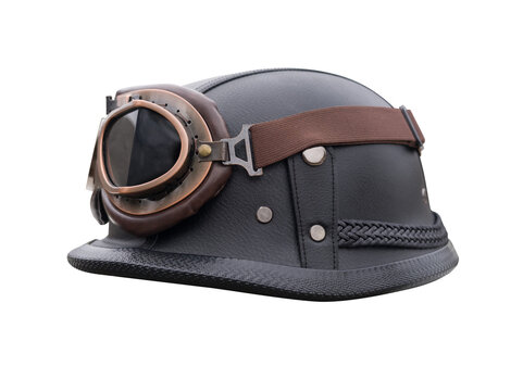 Vintage black leather helmet with retro aviator goggles