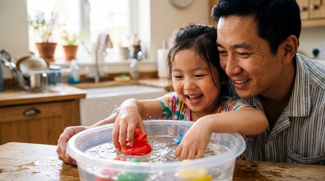 Happy Asian Father Supporting Autistic Daughter in Sensory Water Play