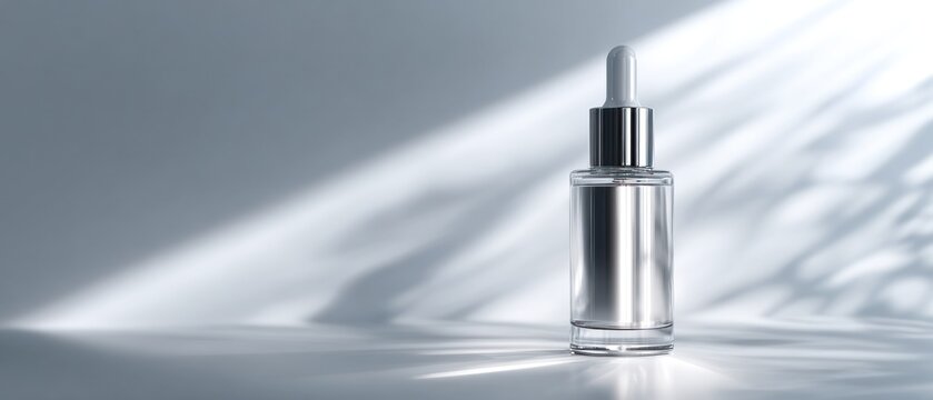Cosmetic serum bottle bright background