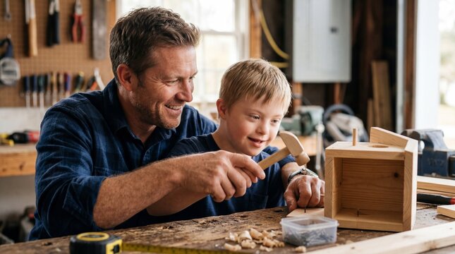 Father Guiding Son with Down Syndrome Building Birdhouse in Workshop