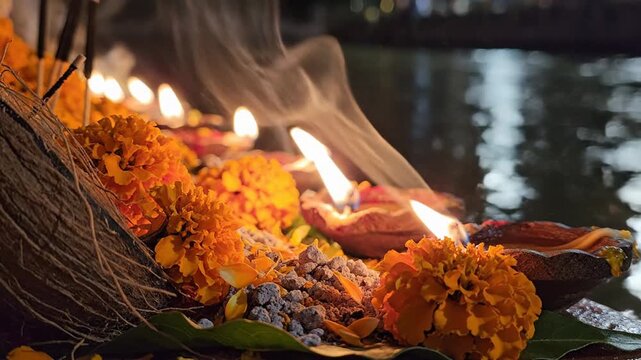 Close-up of warm glowing oil lamps and marigolds floating on the ganges river during ganga dussehra ritual.