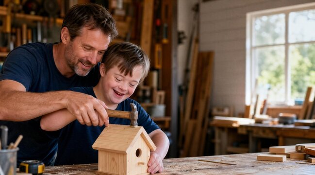 Father Guiding Son with Down Syndrome Building Birdhouse in Workshop