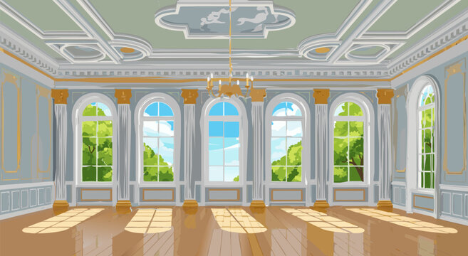Elegant classical grand hall vector illustration. Ornate empty room with large arched windows, polished floor, and picturesque natural landscape