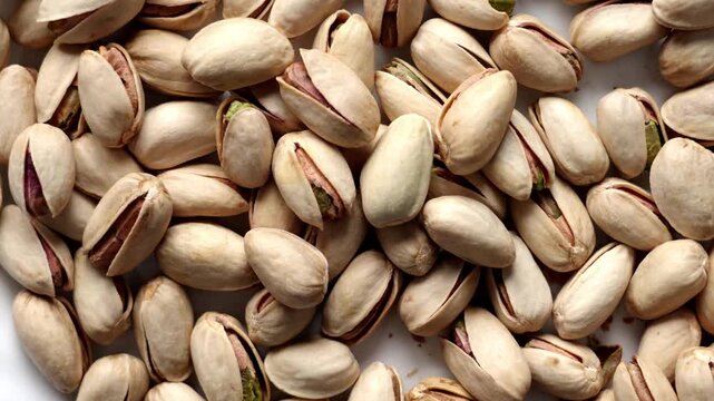 Pistachios falling from hand on ceramic plate. Roasted nuts in shells dropping onto a white surface. Organic food. Slow motion