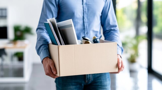 Person holding cardboard box with office items, leaving workplace after resignation or dismissal