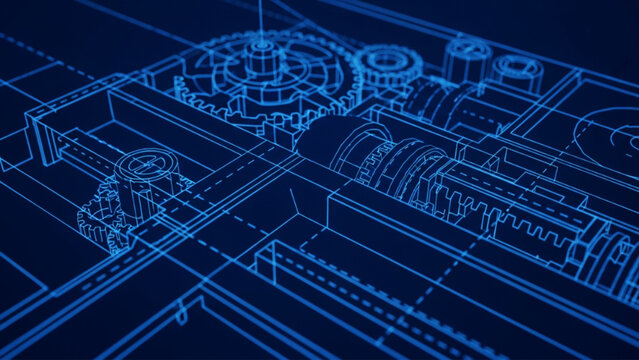 Detailed blueprint schematic of intricate mechanical gears and clockwork mechanism.